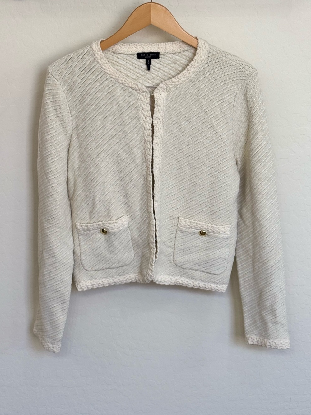 rag & bone Cream Claire Textured Knit Cardigan Jacket Size M Crochet Braid Trim